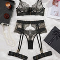 Gallery viewerに画像を読み込む, ブラックフローラルレースハーフカップブラショーツガーター3セット