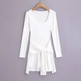 Gallery viewerに画像を読み込む, ウエストリボンUネックロングスリーブミニワンピースドレス