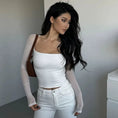 Gallery viewerに画像を読み込む, ホワイトリブニットボディレーススリーブスクエアネックトップス