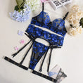 Gallery viewerに画像を読み込む, DEROSSI ディープブルー フローラル刺繍 レースブラ ガーターショーツ 3点セット