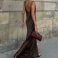 Gallery viewerに画像を読み込む, バックレスリーズサテンブラウンサマーストラップスリーブレスロングドレス