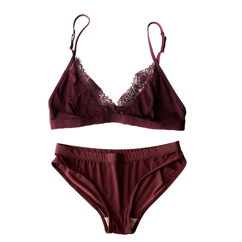 DeRossi アイスシルク アイラッシュレース ノンワイヤー ブラショーツ2SET