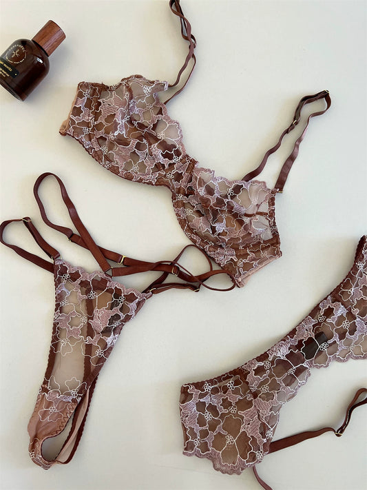 DeRossi ブラウンフローラルエンブロイダリーガーターセットノンワイヤー 3SET