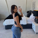 Oネックバックレスショートスリーブクロップトップス