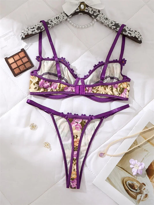 パープルフローラルエンブロイダリーブラショーツセット