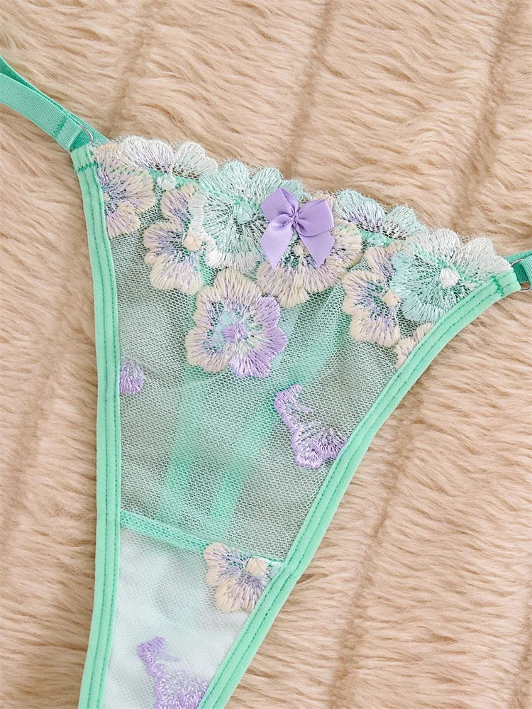 DEROSSI ミントグリーン フローラルエンブロイダリー シアー ブラショーツSET