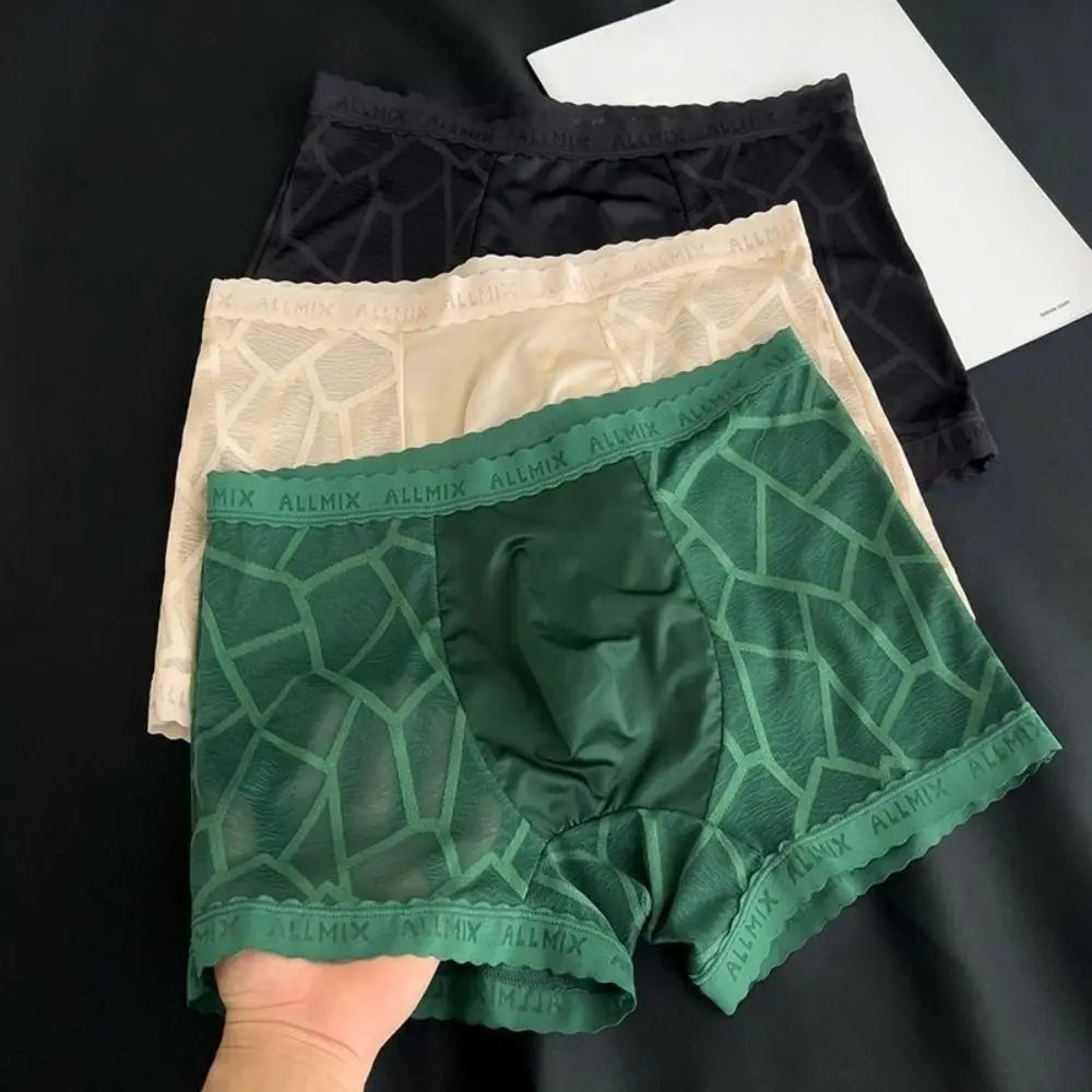 メンズチェックパターンシースルーレースボクサーショーツ