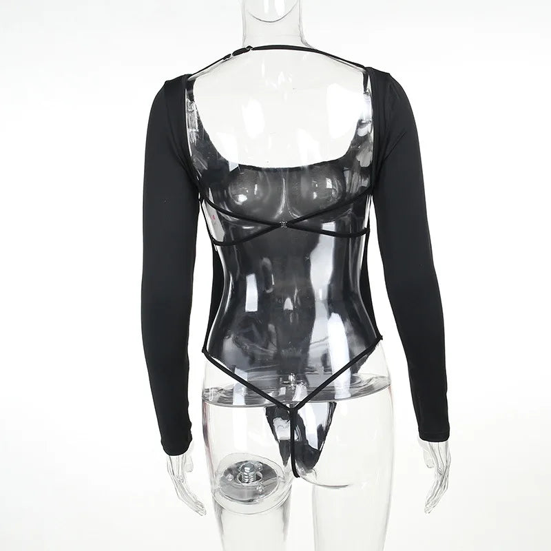 ブラックロングスリーブバックレスボディスーツ