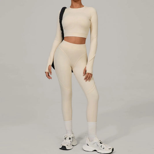 DeRossi クイックドライ ロングスリーブ クロップトップ×レギンス フィットネスセットアップ2PCS