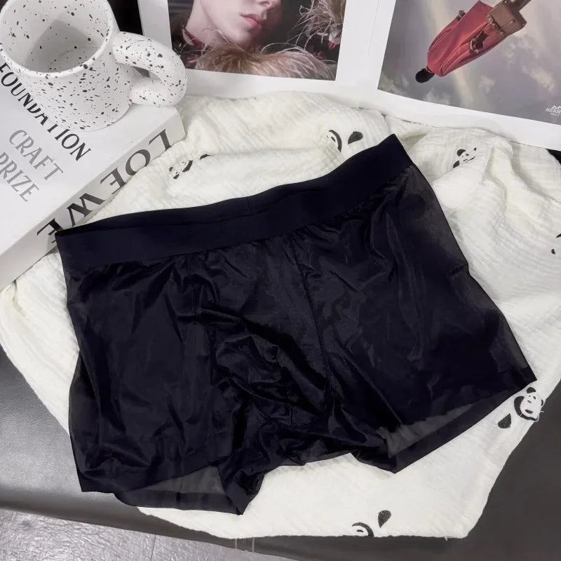 メンズシースルーアイスシルクシームレスボクサーショーツ