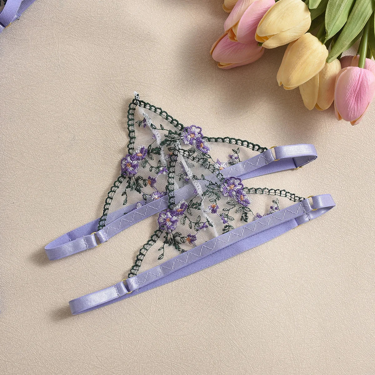 DEROSSI ラベンダー フローラルレース シアー ガーターランジェリーSET