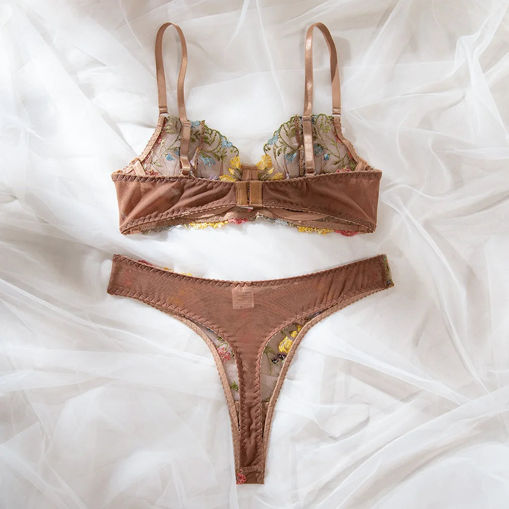 フローラルイエローカーキ刺繍レースブラショーツセット