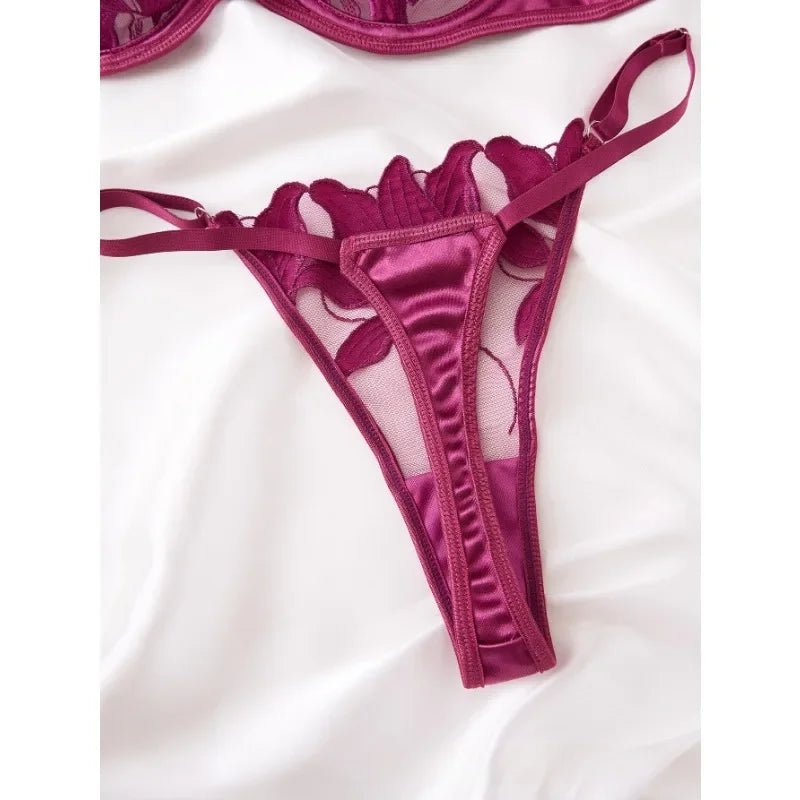 フローラル刺繍レースブラTバックショーツセット9カラバリ