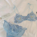 DEROSSI パウダーブルー フローラルエンブロイダリー シアー ブラショーツSET