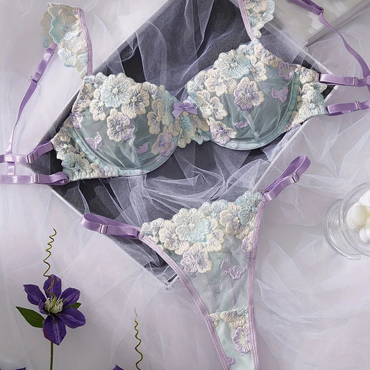 ラベンダーライトグリーンフローラル刺繍ブラショーツセット