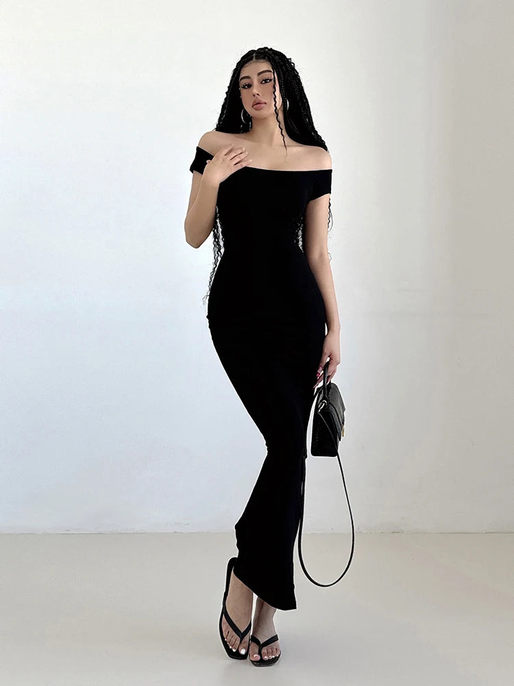 オフショルダースリムロングドレスワンピース