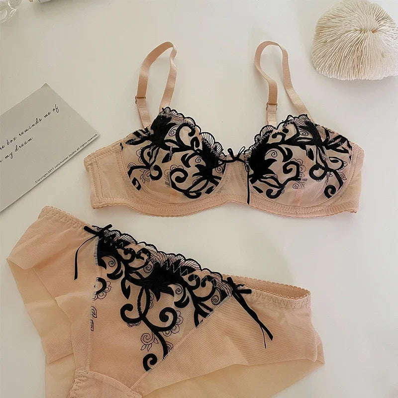 DEROSSI 立体刺繍 レース モールドカップ ブラショーツセット ベージュ ブラック刺繍
