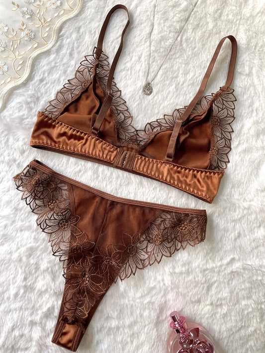 DeRossiブラウンサテンレースソリッドエレガンスブラショーツ2Pcs