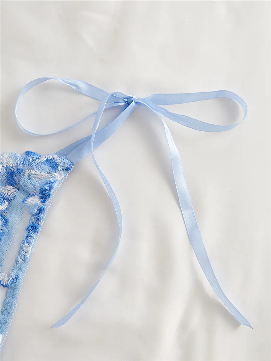 DeRossi ブルーフローラル エンブロイダリー シースルー ハーフカップ ブラショーツSET