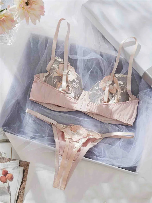 ピンクブルーフローラル刺繍ブラショーツランジェリーセット