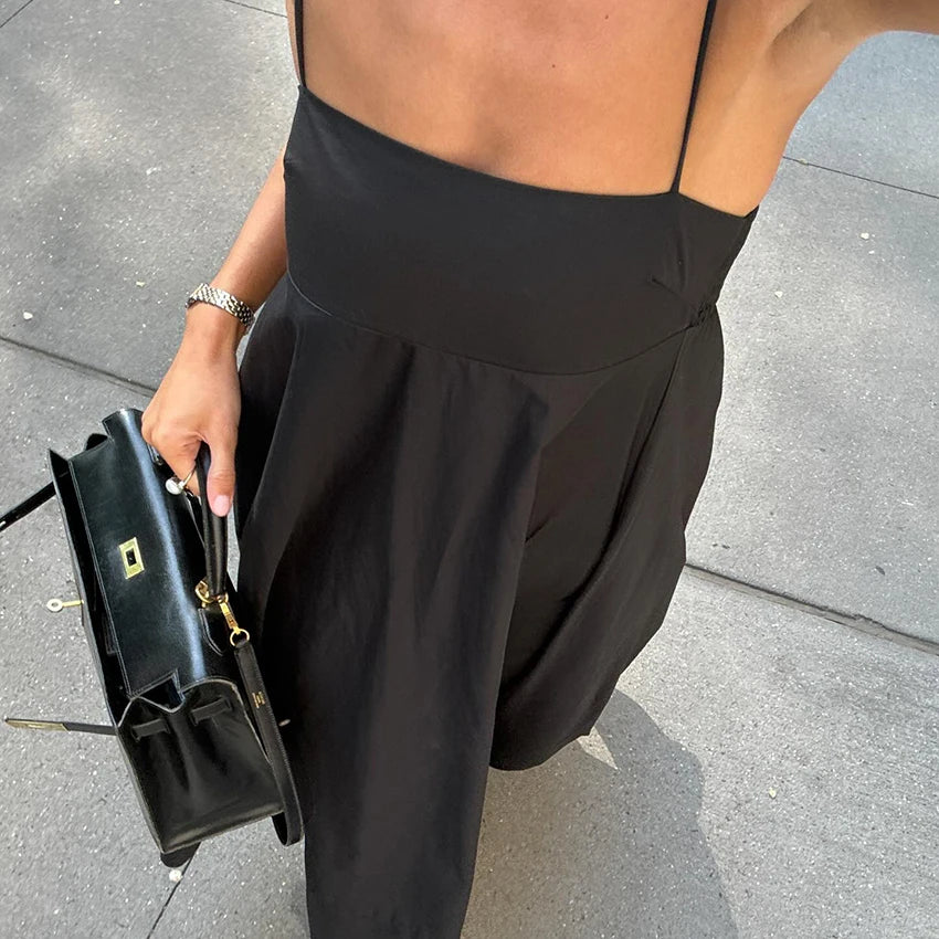 ブラックスパゲティストラップAラインロングドレス