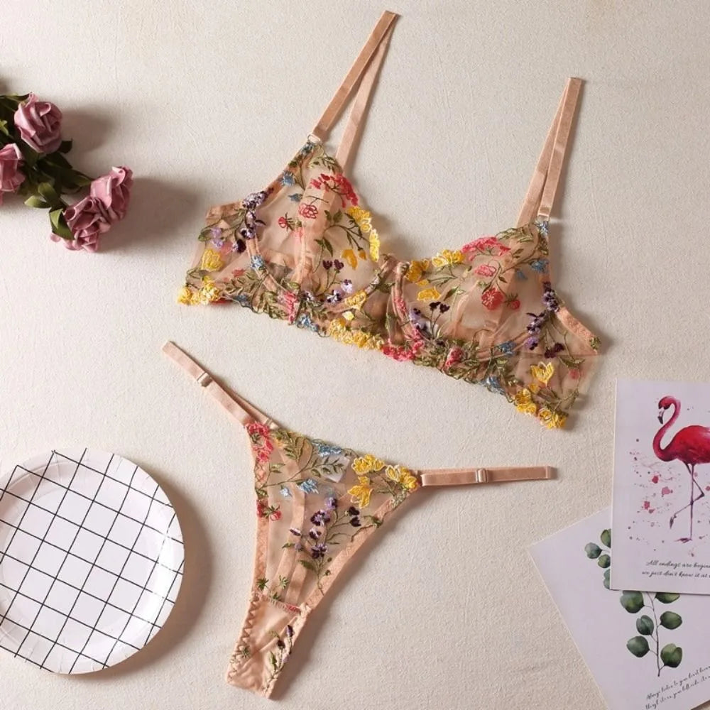 DEROSSI ボタニカル刺繍 ノンワイヤーブラ＆Tバックセット カーキ 商品写真11