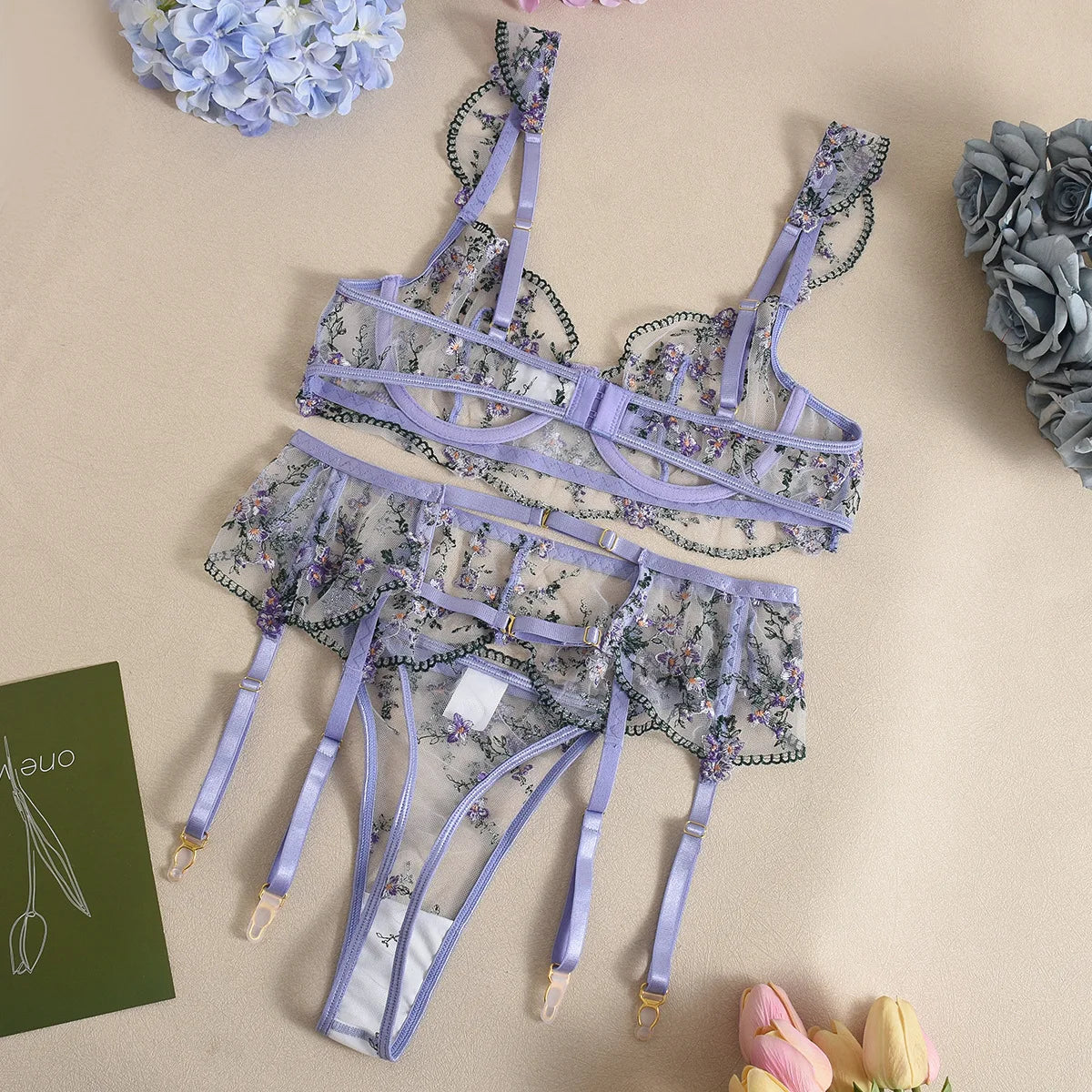 DEROSSI ラベンダー フローラルレース シアー ガーターランジェリーSET