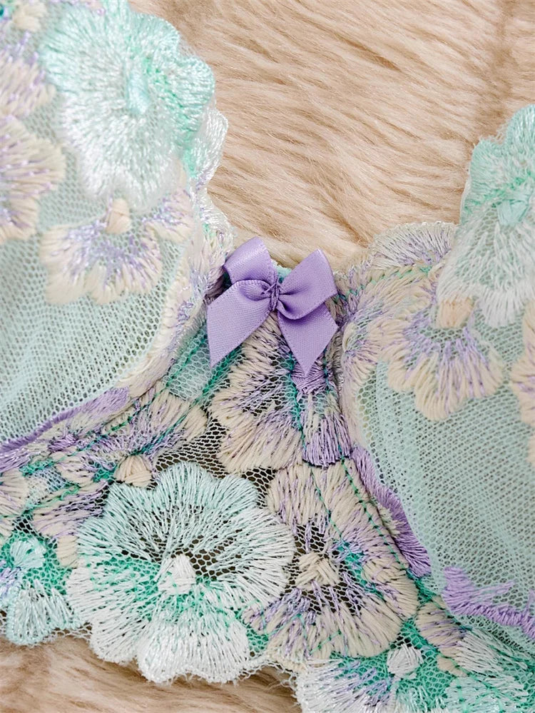 DEROSSI ミントグリーン フローラルエンブロイダリー シアー ブラショーツSET