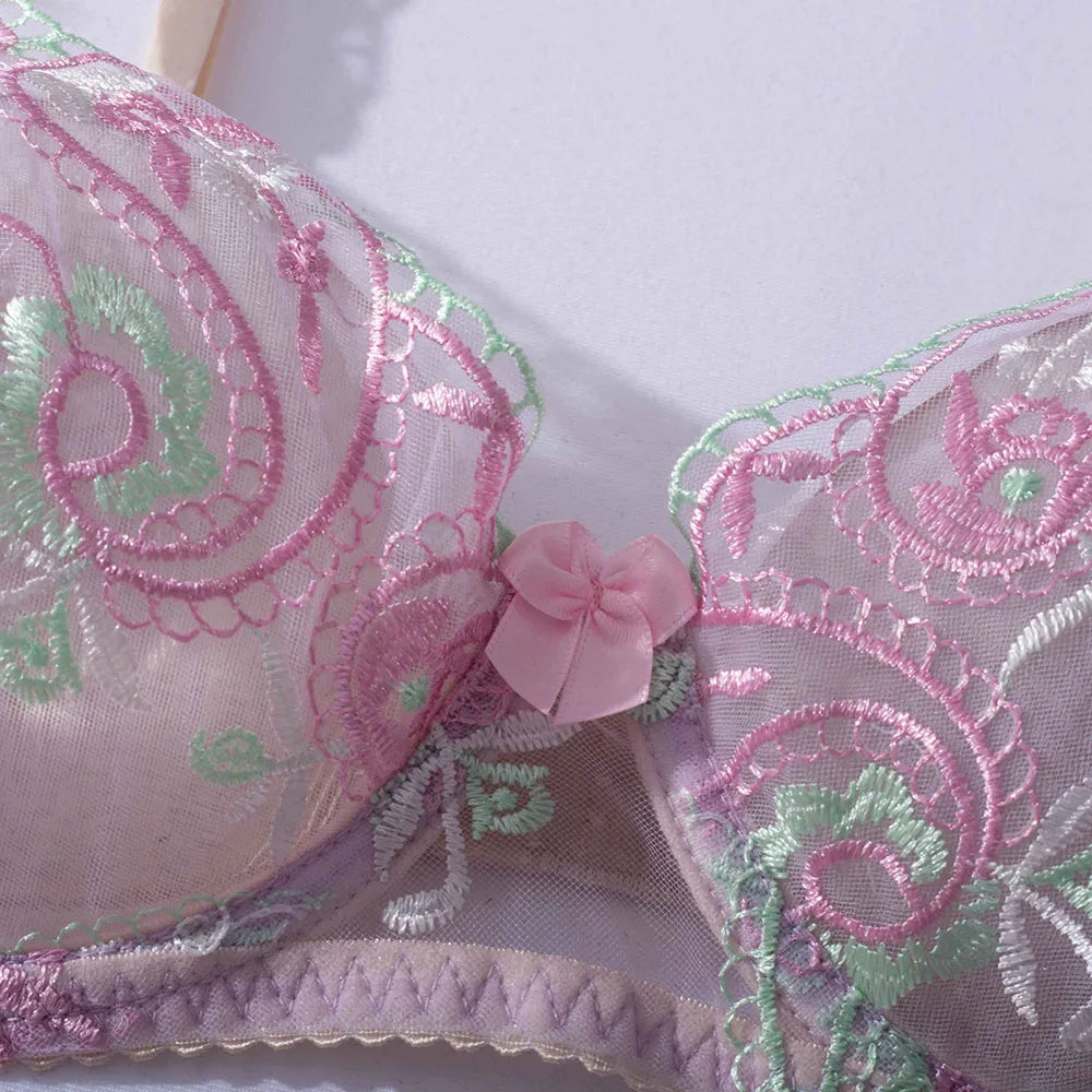 DEROSSI ライトパープル 花柄刺繍シアーレース ガーターランジェリー3点セット