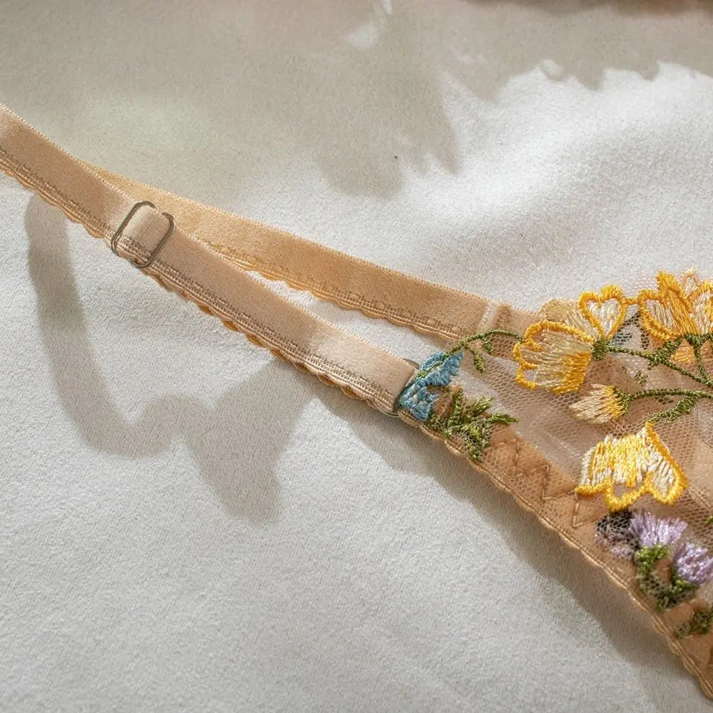 DEROSSI ボタニカル刺繍 ノンワイヤーブラ＆Tバックセット カーキ 商品写真2