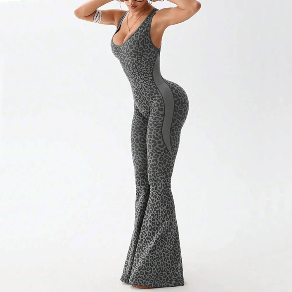 バッククロスレオパードフレアパンツフィットネスジャンプスーツ