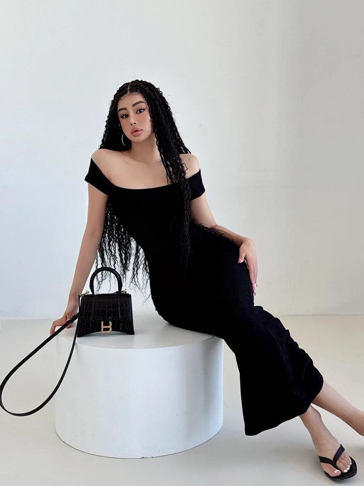 オフショルダースリムロングドレスワンピース