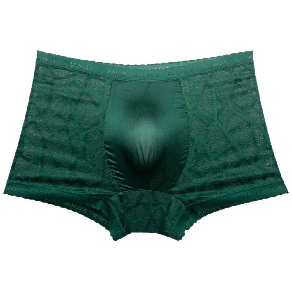 メンズチェックパターンシースルーレースボクサーショーツ