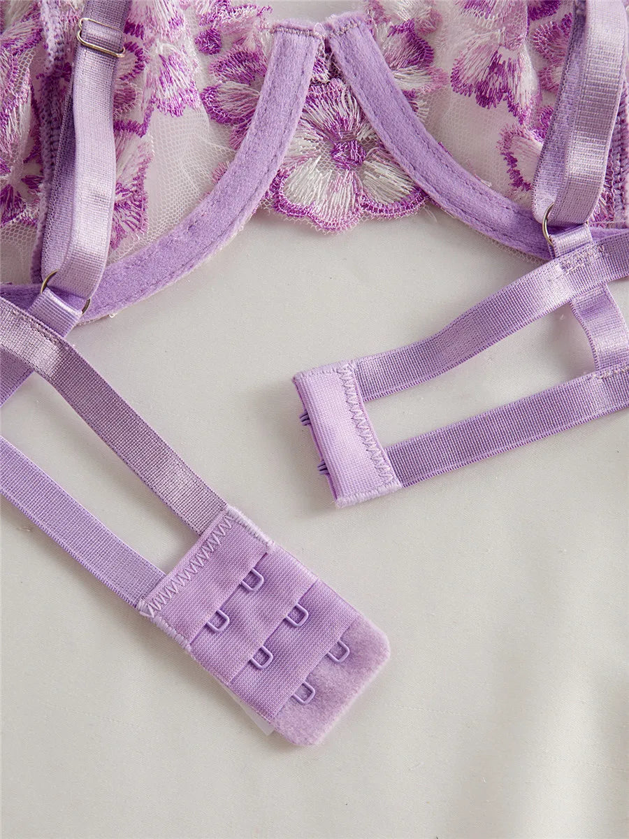 DeRossi ブルーフローラル エンブロイダリー シースルー ハーフカップ ブラショーツSET