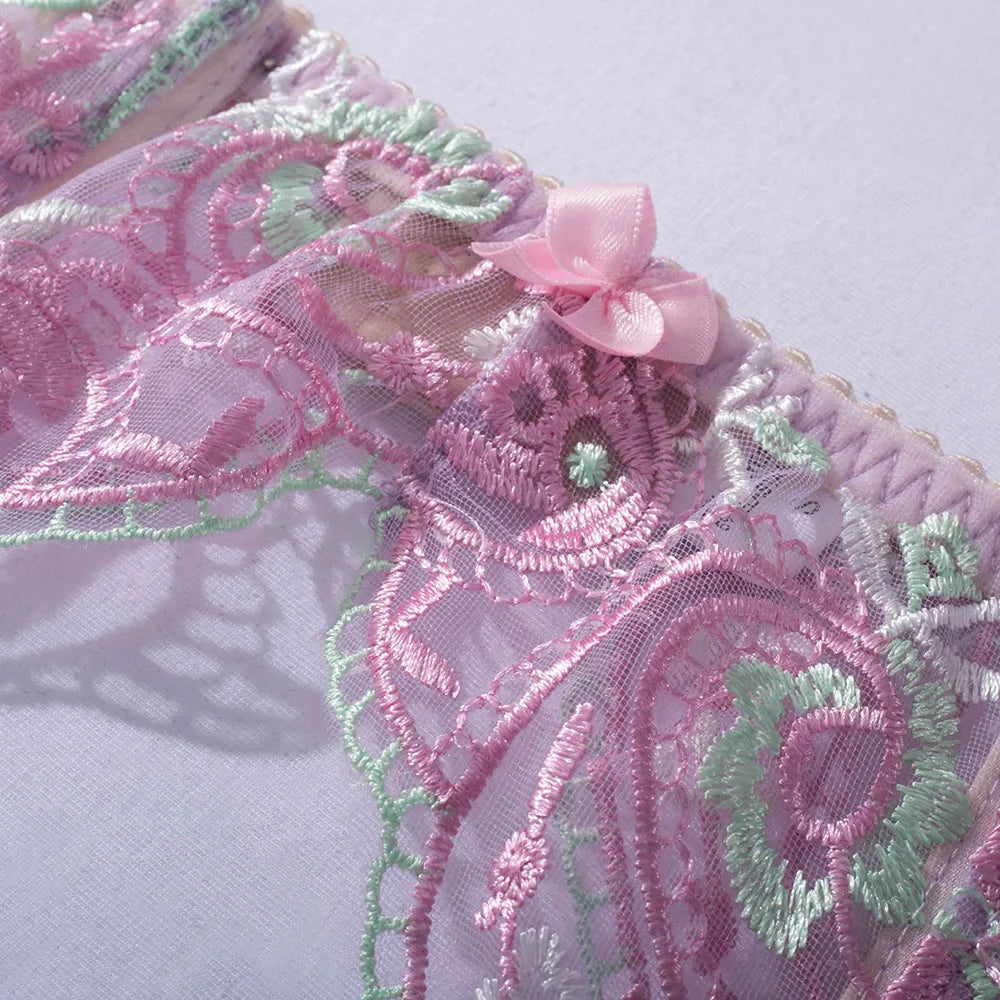 DEROSSI ライトパープル 花柄刺繍シアーレース ガーターランジェリー3点セット