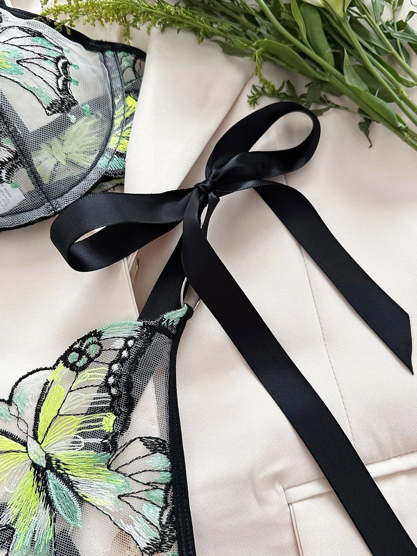 DEROSSI バタフライレース リボン シアー ブラショーツSET