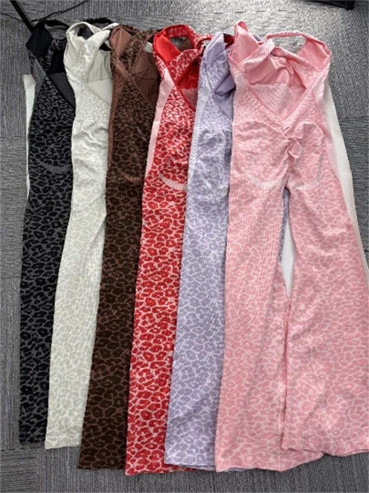 バッククロスレオパードフレアパンツフィットネスジャンプスーツ