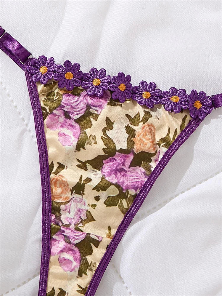 パープルフローラルエンブロイダリーブラショーツセット