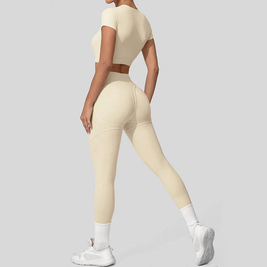 DeRossi クイックドライ クロップトップ×レギンス フィットネスセットアップ2PCS