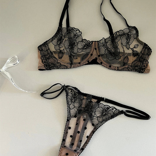 フレンチブラックブラウンフローラルレースブラショーツセット