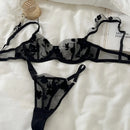 DeRossi ブラックフローラルストラップシースルーレースブラショーツ2set
