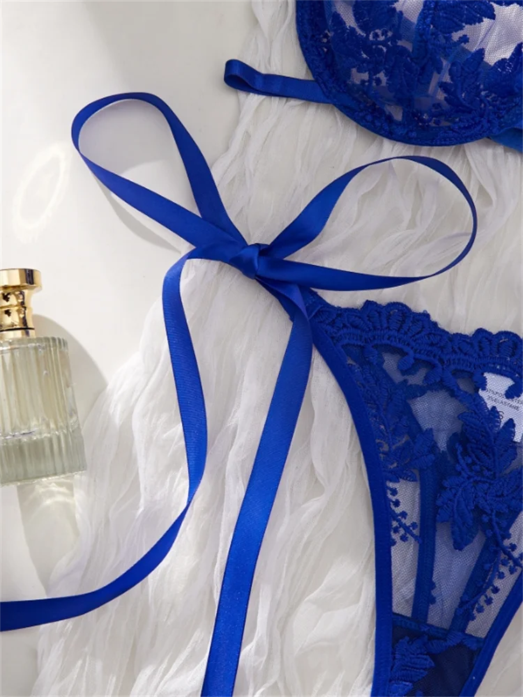 DEROSSI ブルー フローラルエンブロイダリー シアー プッシュアップ ブラショーツSET