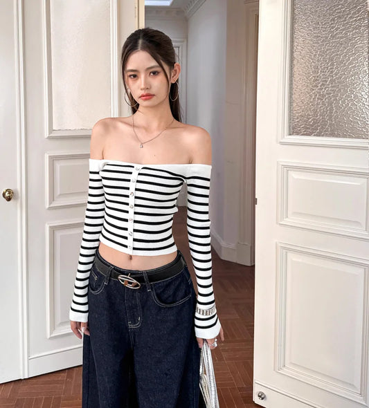 ストライプバルドニットオフショルダートップス