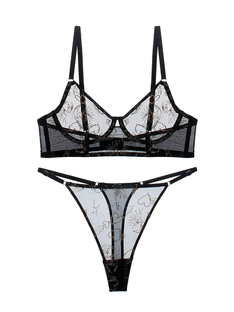 ブラック＆ベージュハートラフスケッチ刺繍ブラショーツセット