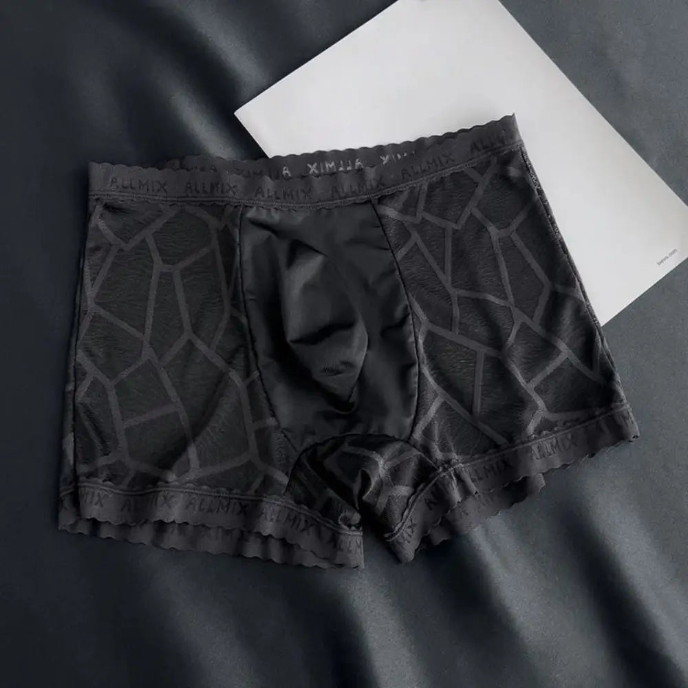 メンズチェックパターンシースルーレースボクサーショーツ