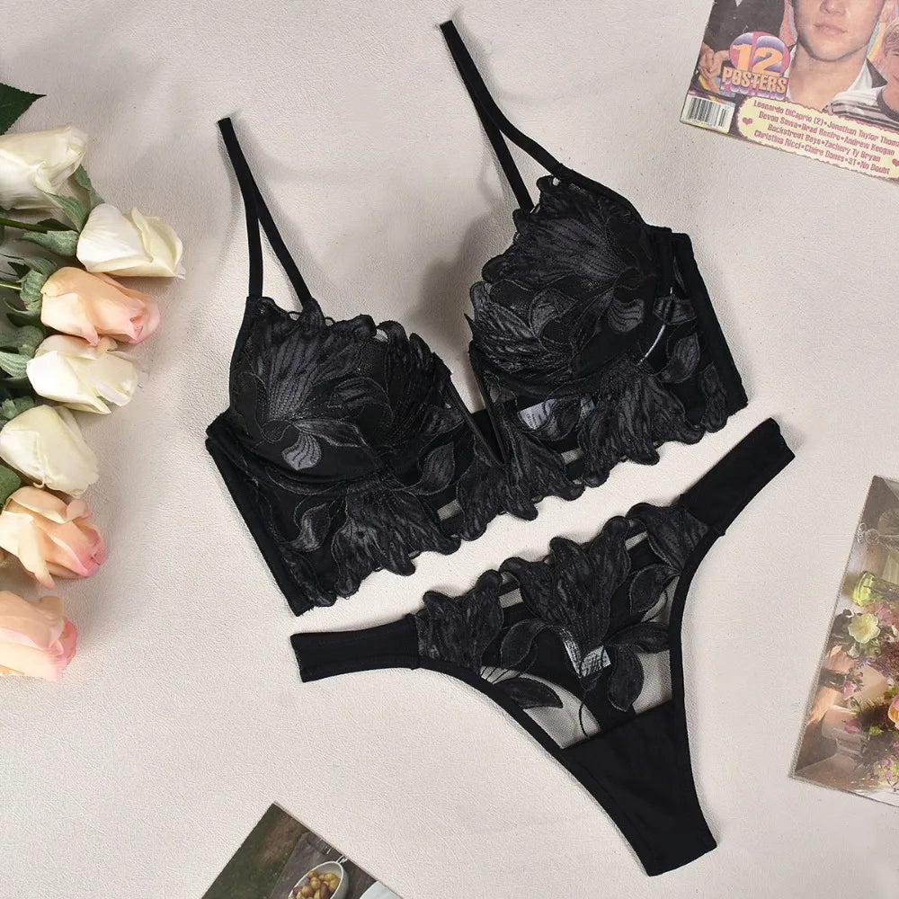 フローラル刺繍レースブラレットTバックショーツセット5カラバリ