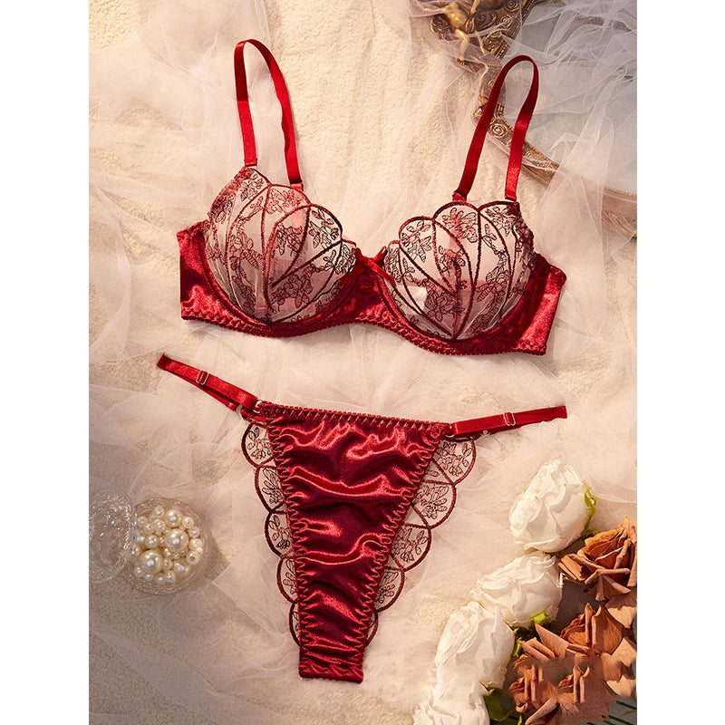 ワインレッドクリスマスシアーレースブラショーツセット