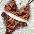 DeRossiブラウンサテンレースソリッドエレガンスブラショーツ2Pcs