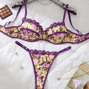 パープルフローラルエンブロイダリーブラショーツセット