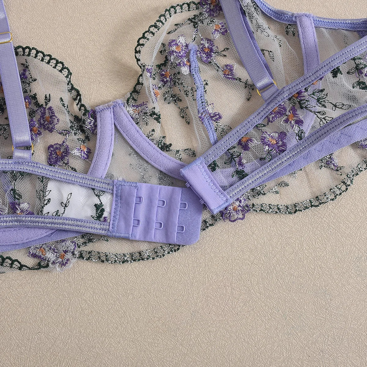 DEROSSI ラベンダー フローラルレース シアー ガーターランジェリーSET